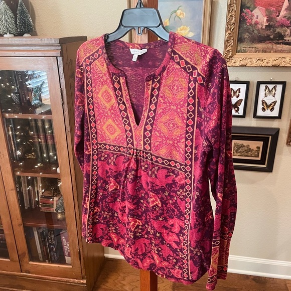 Lucky Brand long sleeve v-neck split back tunic top SZ S burgundy - Picture 4 of 9